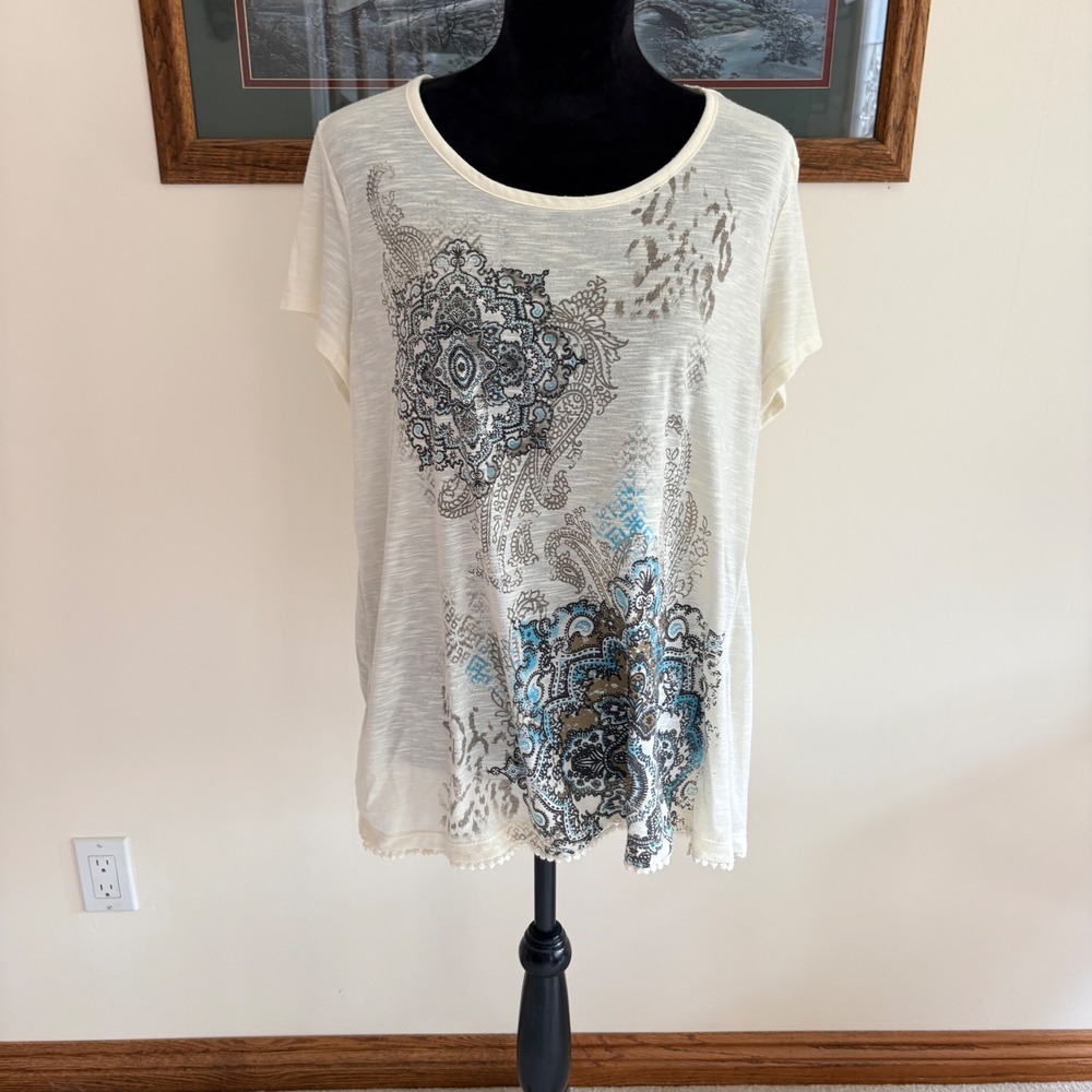 Faded Glory Paisley Graphic Top Womens XXL 20 Ivory Boho Slub Knit Pom Pom Trim